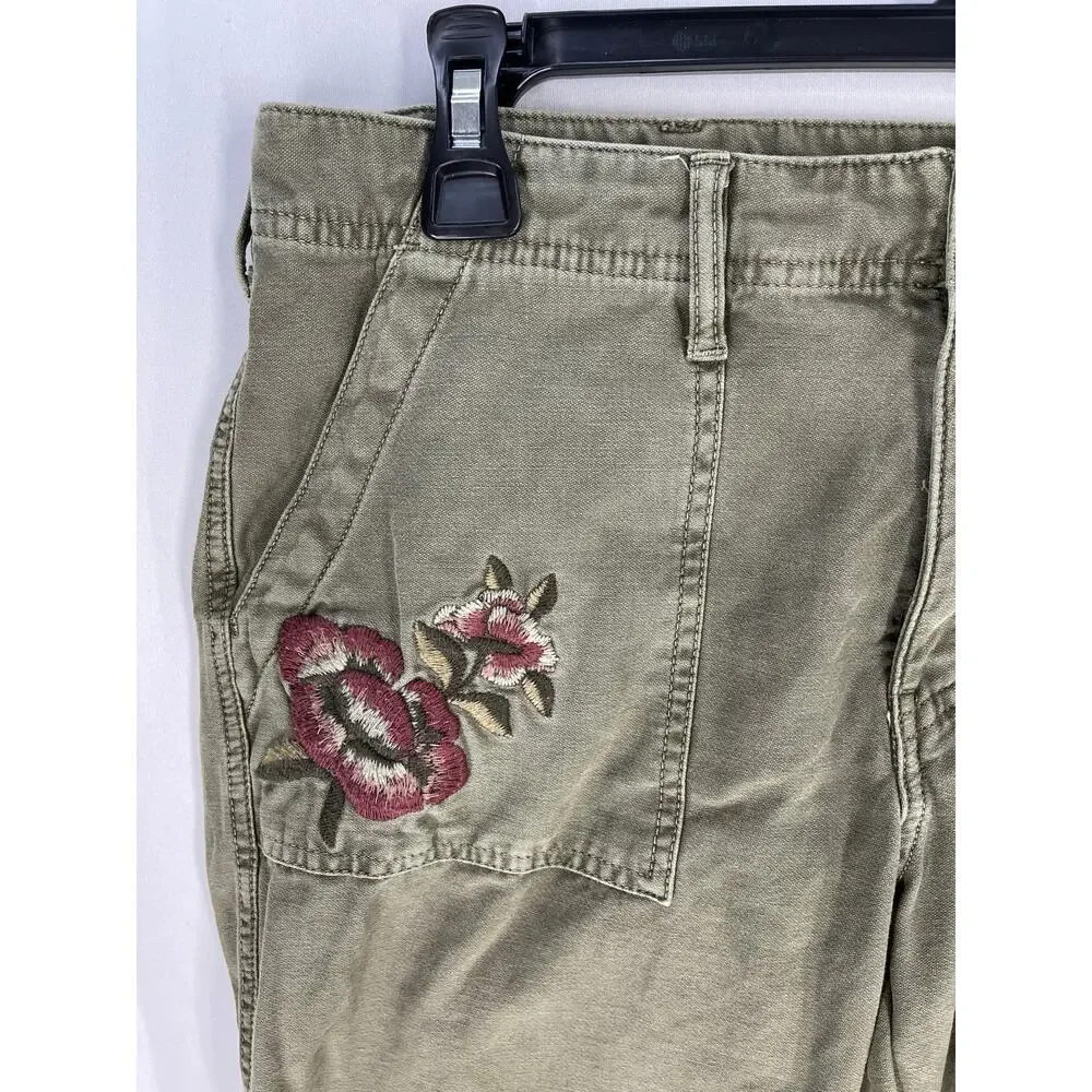 Abercrombie Fitch Jeans 8 Green Embroidered Floral Raw Hem Slim Boyfriend Y2K